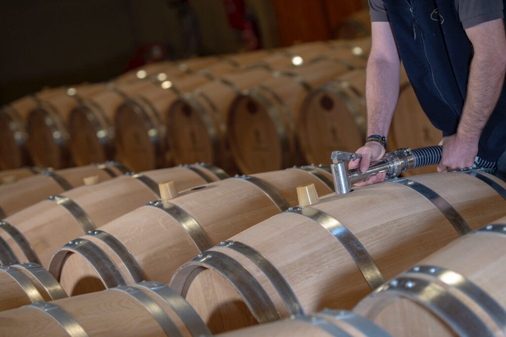 CYRIL MEYROU, MAITRE DE CHAI, REMPLISSANT UNE BARRIQUE DE VIN DANS LE CHAI A BARRIQUES DU CHATEAU RICHELIEU, AOC FRONSAC, FRONSAC, GIRONDE, AQUITAINE, FRANCE.